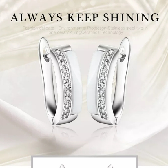 NEW Luxury‎ White Ceramic Diamond Hoop Earrings - Picture 7 of 15